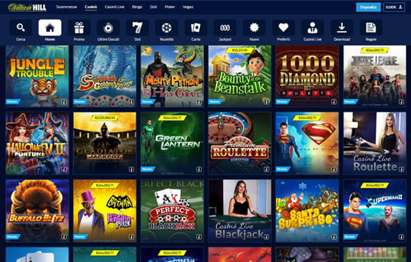 L'area giochi del sito web casinò William Hill.