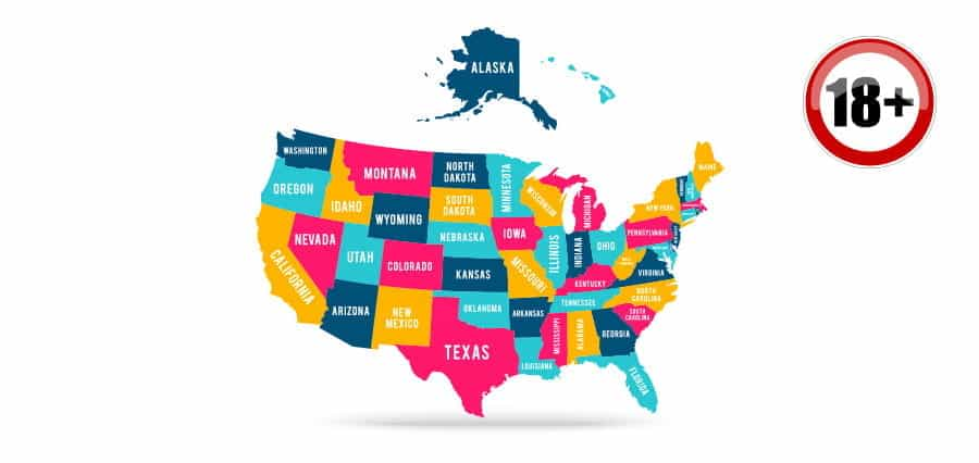 A map of the United States of America, with an 18+ sign.