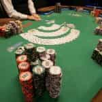 Chips and cards on a World Series of Poker table.