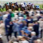 Horses thunder past a packed Goodwood terrace.