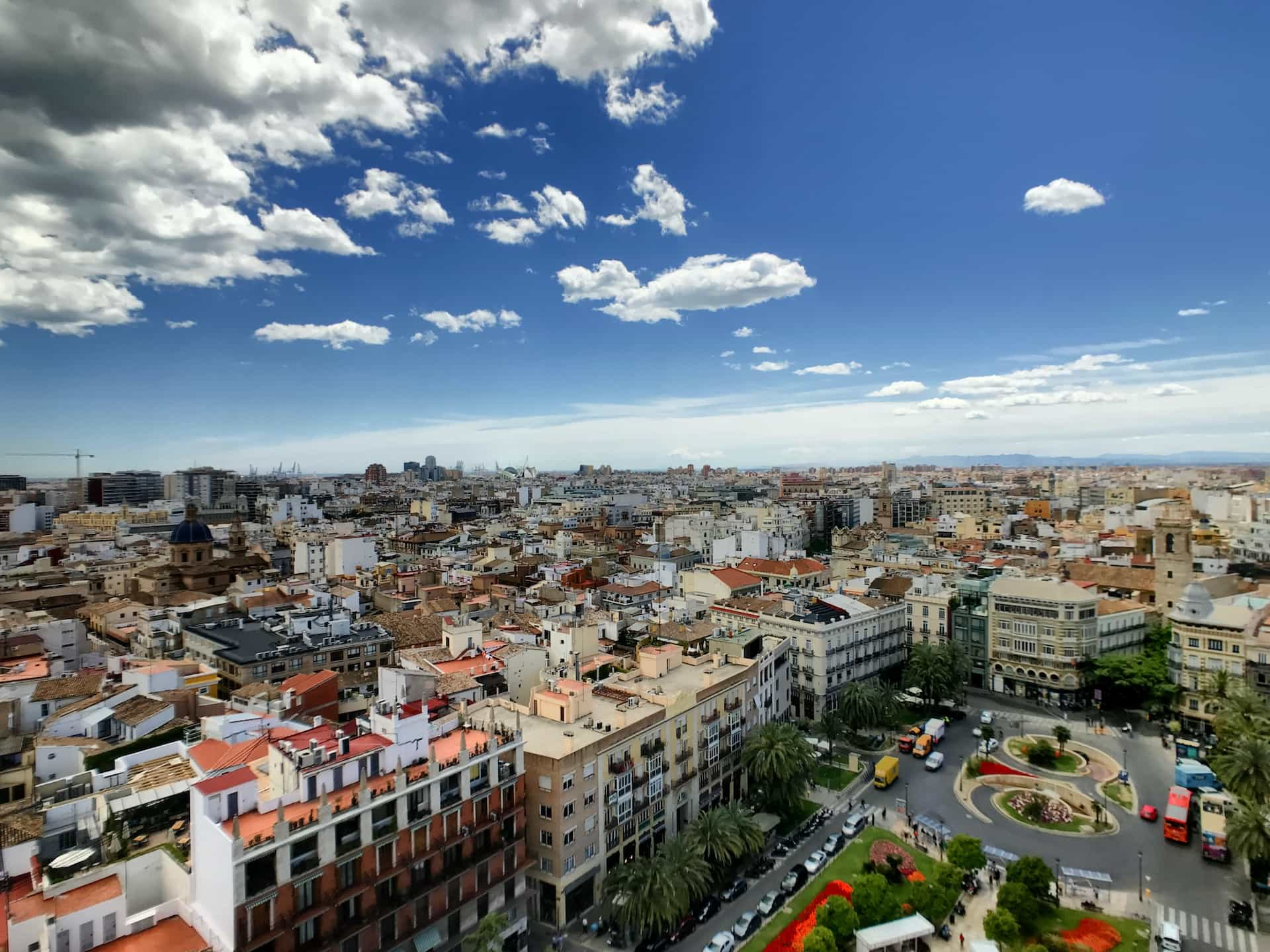 Buildings and streets in Valencia, Spain, from above.