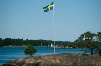 A flag on a rock in the middle of a water body.