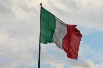 A flag against the blue sky.